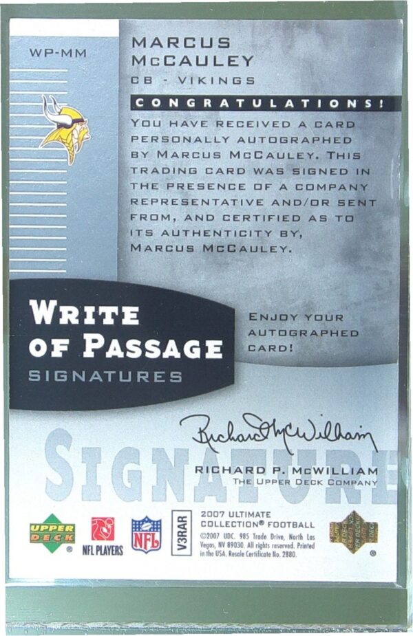 2007 Upper Deck Ultimate Collection Marcus McCauley Auto #WP-MM Write of Passage - Image 3
