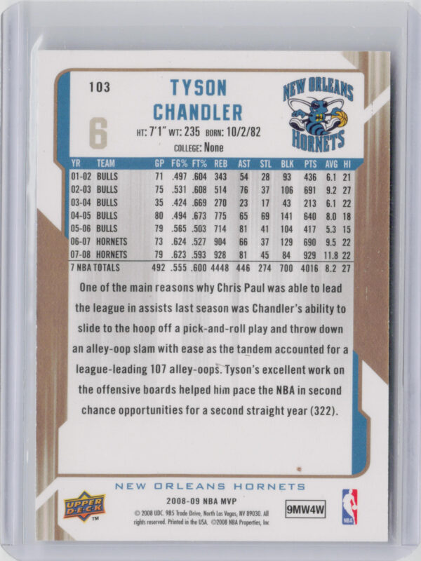 2008-09 Upper Deck MVP Tyson Chandler Gold Script SN100 #103 Hornets - Image 3