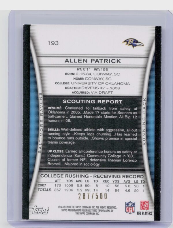 2008 Bowman Allen Patrick Blue /500 #193 Ravens - Image 3