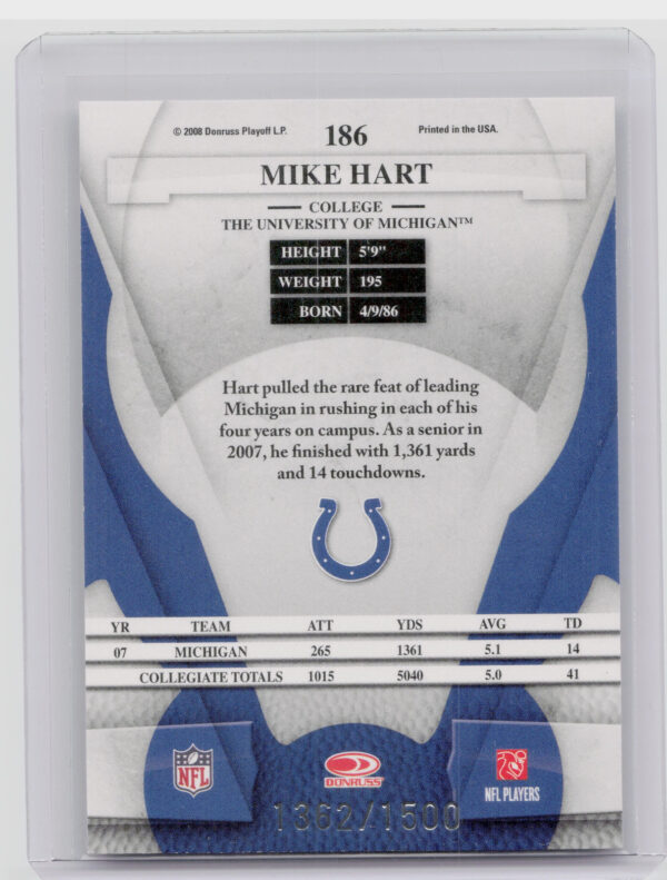 2008 Leaf Certified Materials Mike Hart SN1500 RC #186 Colts - Image 3