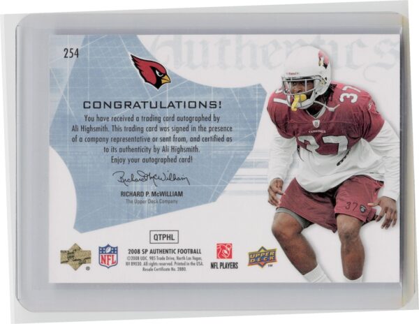 2008 SP Authentic Ali Highsmith AU RC SN399 #254 Cardinals - Image 3