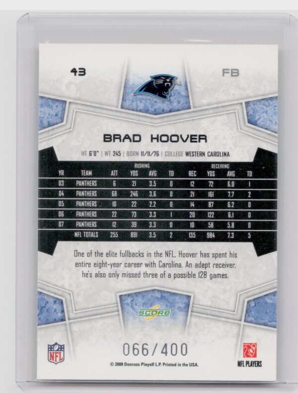 2008 Score Brad Hoover Gold Zone /400 #43 Panthers - Image 3