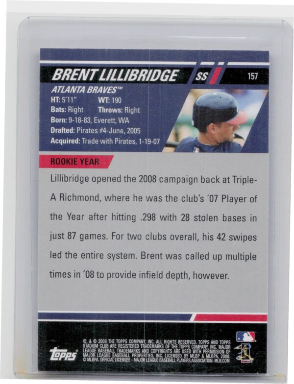 2008 Stadium Club Brent Lillibridge AU RC #157 Braves - Image 3