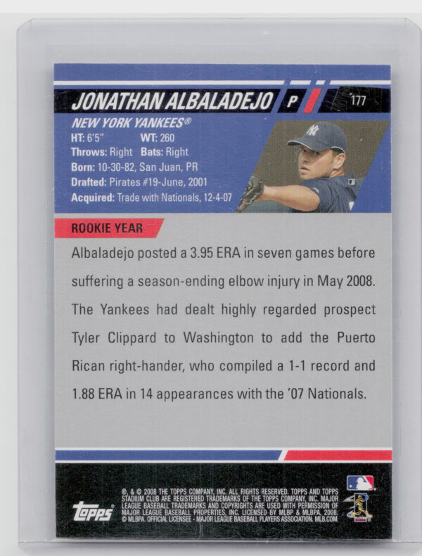 2008 Stadium Club Jonathan Albaladejo AU RC #177 Yankees - Image 3