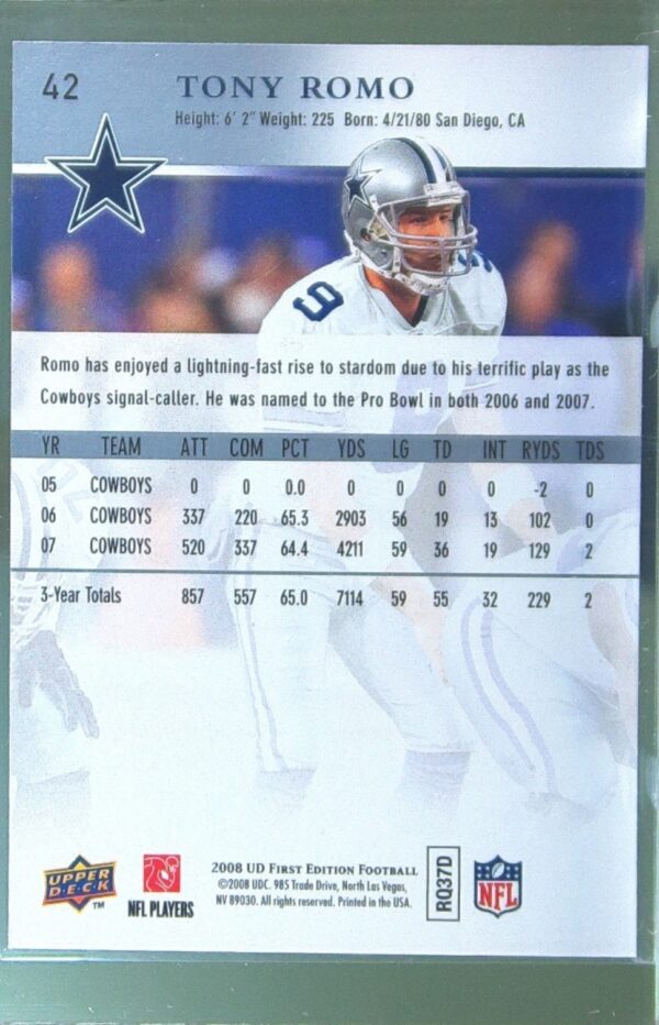 2008 Upper Deck First Edition Tony Romo #42 Cowboys - Image 3