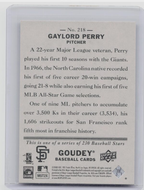 2008 Upper Deck Goudey Gaylord Perry SP #218 Giants - Image 3
