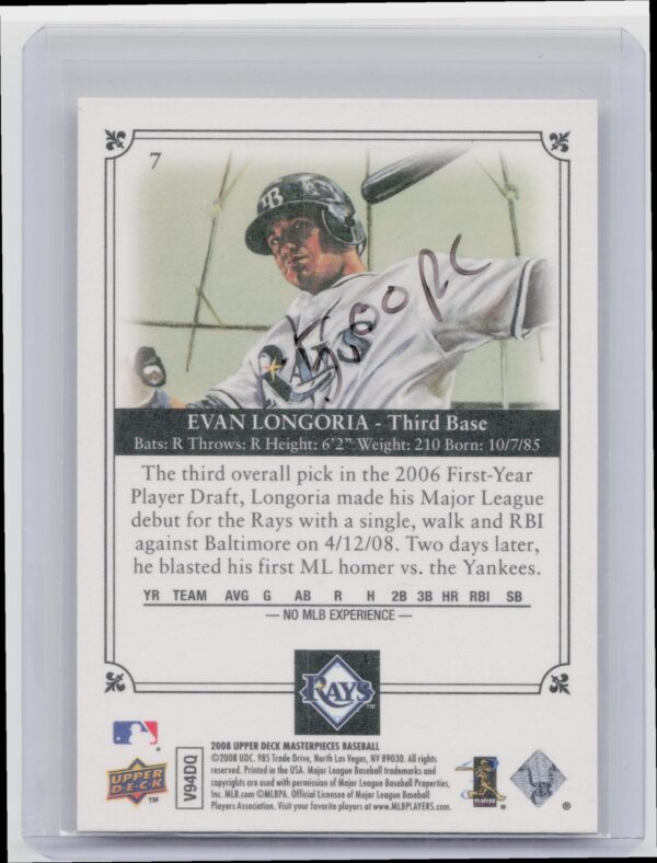 2008 Upper Deck Masterpieces Evan Longoria #7 Rays - Image 3