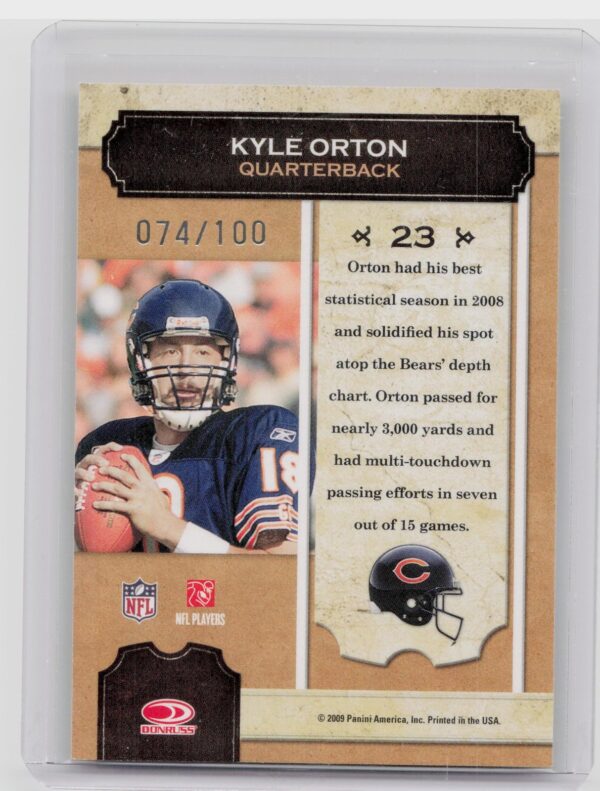 2009 Donruss Classics Kyle Orton /100 #23 Bears Membership Gold - Image 3