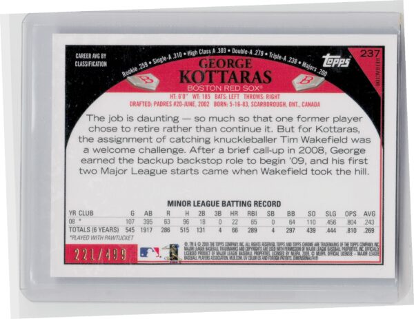 2009 Topps Chrome George Kottaras Refractors AU SN499 #237 Sox - Image 3