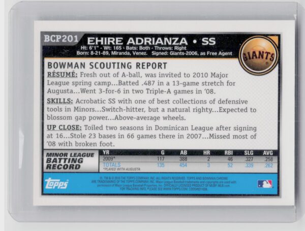 2010 Bowman Chrome Ehire Adrianza AU #BCP201 Giants Prospects Autographs - Image 3