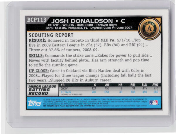2010 Bowman Chrome Josh Donaldson #BCP113 Athletics Prospects - Image 3