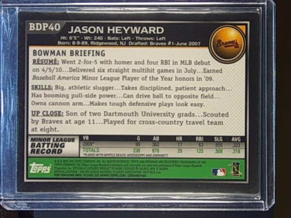2010 Bowman Draft Picks & Prospects Jason Heyward Printing Plates Yellow #BDP40 - Image 3