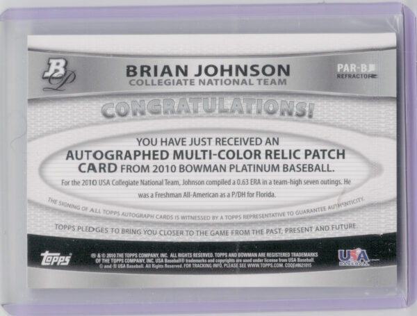 2010 Bowman Platinum Brian Johnson AU MEM SN740 #PAR-BJ USA Relic Autographs Ref - Image 3