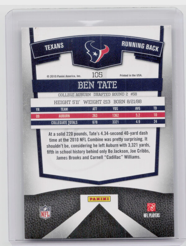 2010 Donruss Elite Ben Tate RC SN999 #105 Texans - Image 3