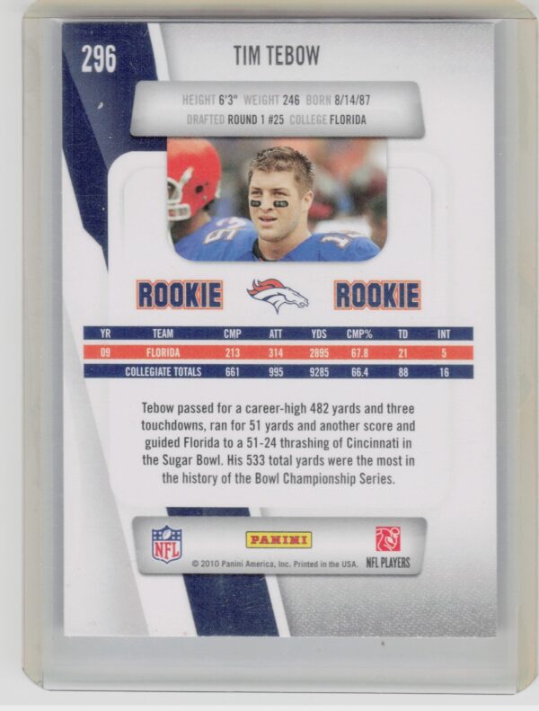 2010 Panini Prestige Tim Tebow RC #296 Broncos - Image 3