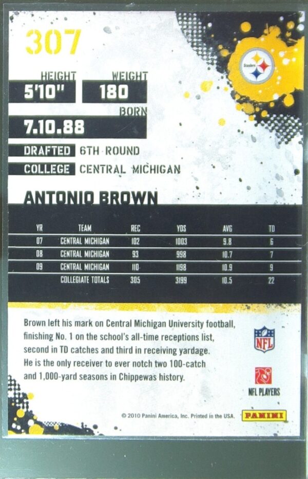 2010 Score Antonio Brown RC #307 Steelers - Image 3