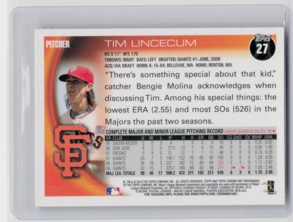 2010 Topps Chrome Tim Lincecum #27 Giants - Image 3