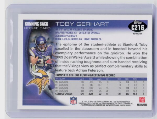2010 Topps Chrome Toby Gerhart Refractors #C216 Vikings - Image 3