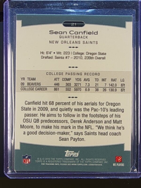 2010 Topps Platinum Sean Canfield Rookie Platinum Refractors #21 Saints - Image 3