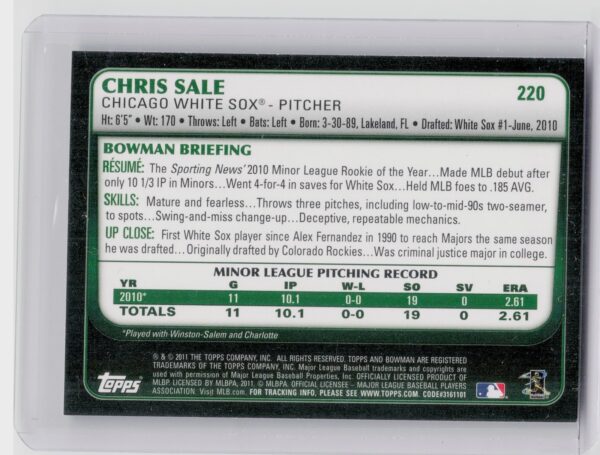 2011 Bowman Chris Sale RC #220 Sox - Image 3