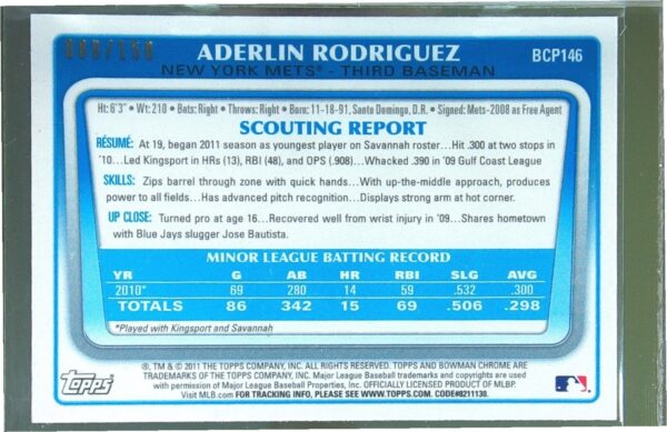 2011 Bowman Chrome Aderlin Rodriguez /150 #BCP146 Mets Prospects Blue Refractors - Image 3