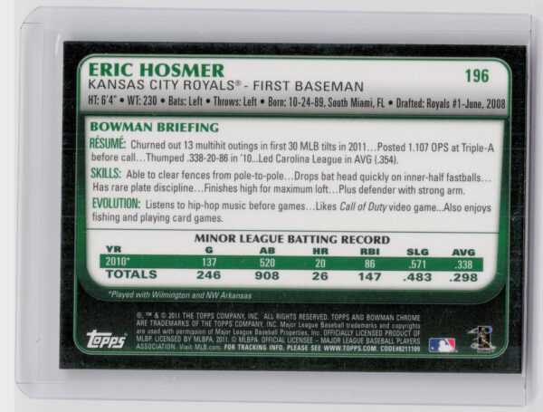 2011 Bowman Chrome Eric Hosmer RC #196 Royals - Image 3