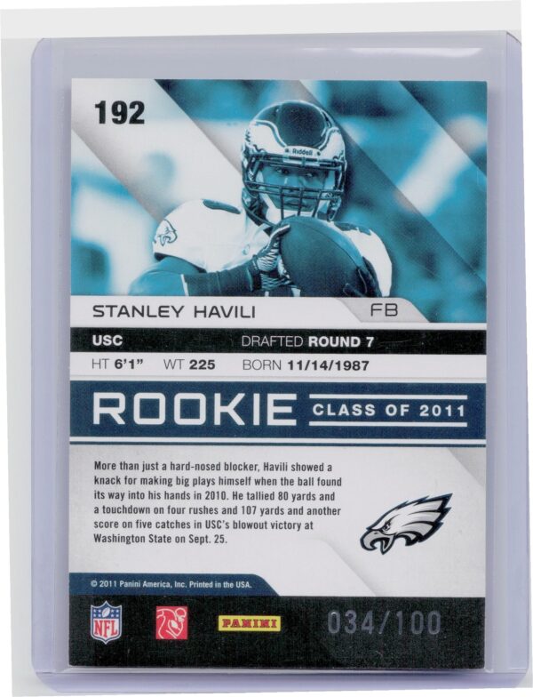 2011 Panini Absolute Memorabilia Stanley Havili Spectrum Blue /100 #192 Eagles - Image 3