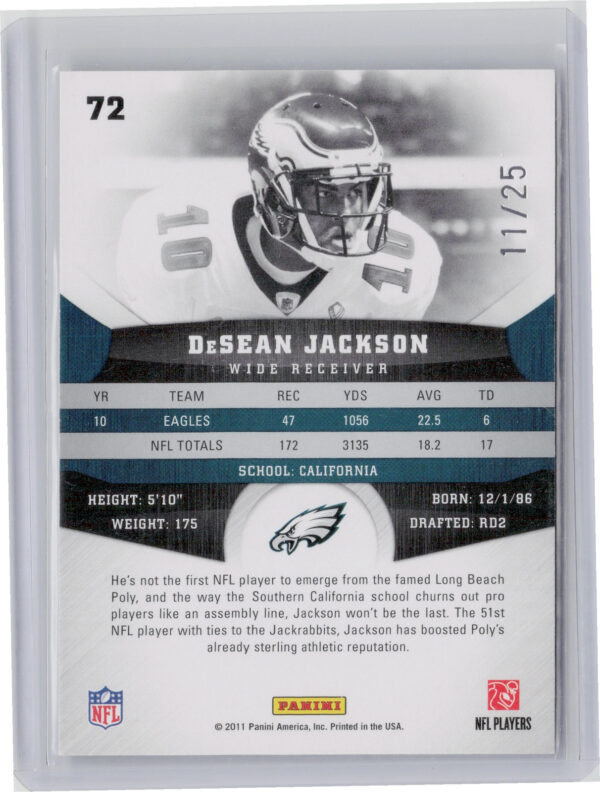 2011 Panini Gridiron Gear DeSean Jackson Platinum X's SN25 #72 Eagles - Image 3