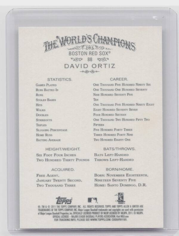 2011 Topps Allen & Ginter David Ortiz #88 Sox - Image 3
