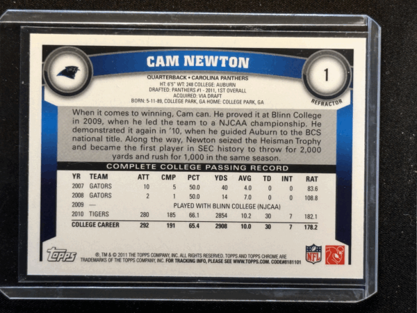 2011 Topps Chrome Cam Newton Refractor Rookie RC Panthers #1 - Image 3