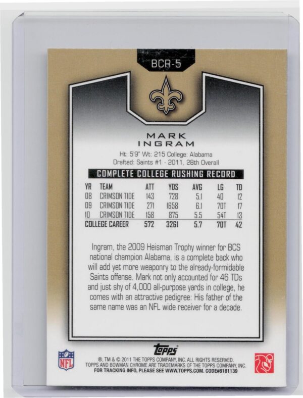 2011 Topps Chrome Mark Ingram #BCR-5 Saints Bowman Chrome Rookies - Image 3
