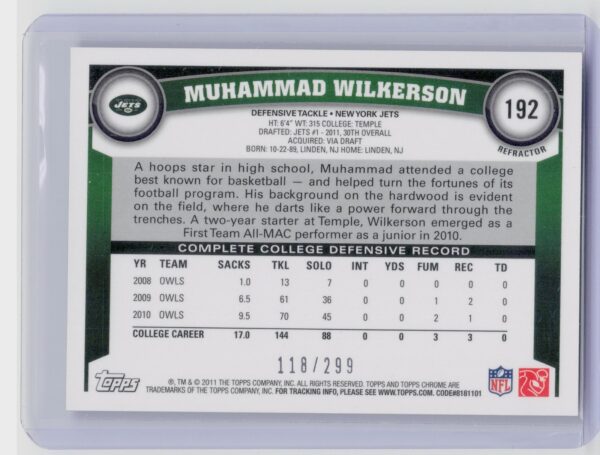 2011 Topps Chrome Muhammad Wilkerson Black Refractors /299 #192 Jets - Image 3