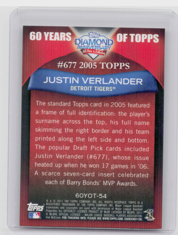 2011 Topps Justin Verlander #60YOT-54 Tigers 60 Years of Topps - Image 3