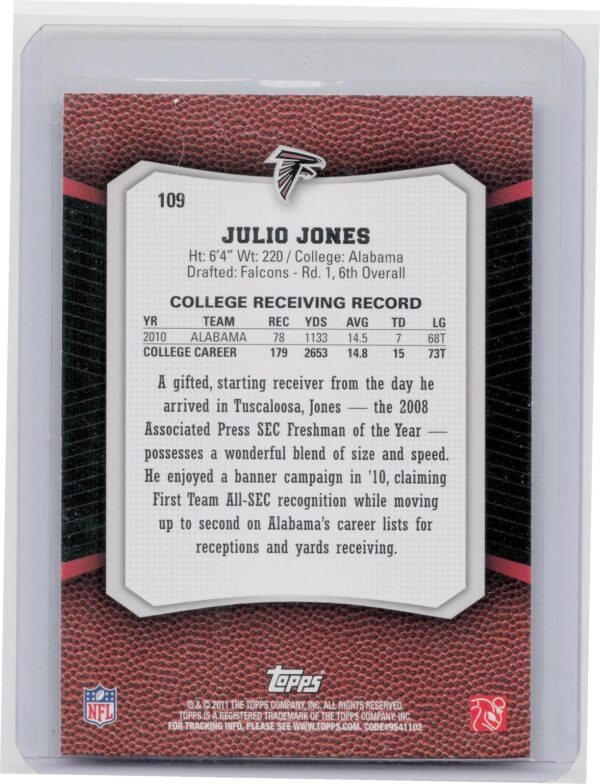 2011 Topps Rising Rookies Julio Jones RC #109 Falcons - Image 3