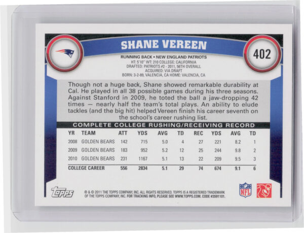 2011 Topps Shane Vereen RC #402 Patriots - Image 3