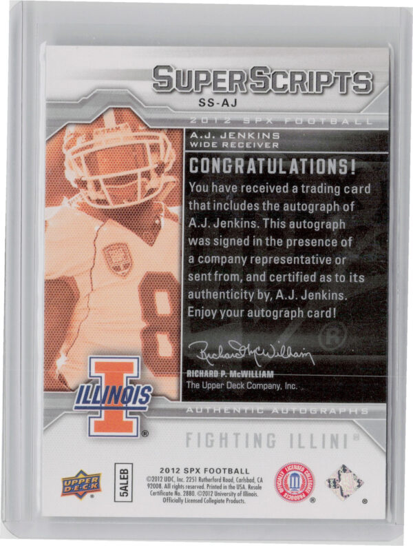 2012 SPx A.J. Jenkins AU #SS-AJ Illini Super Scripts Autographs - Image 3