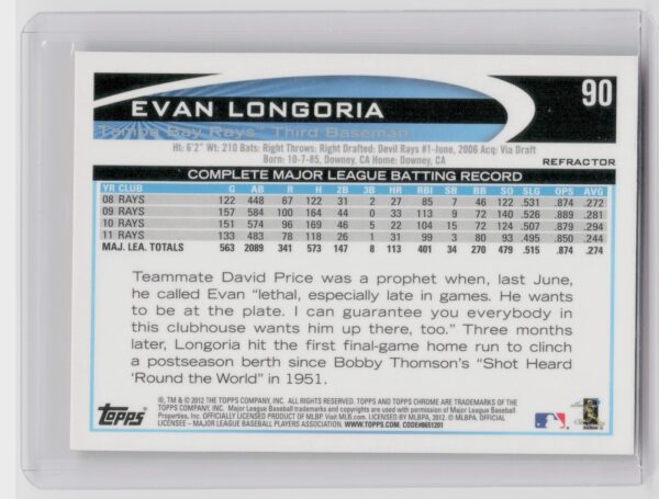 2012 Topps Chrome Evan Longoria Orange Refractors #90 Rays - Image 3