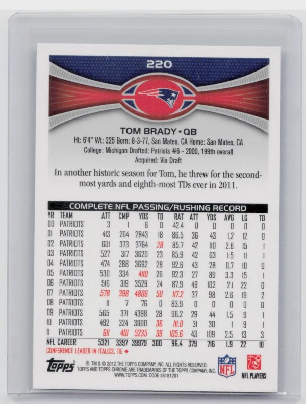 2012 Topps Chrome Tom Brady #220 Patriots - Image 3