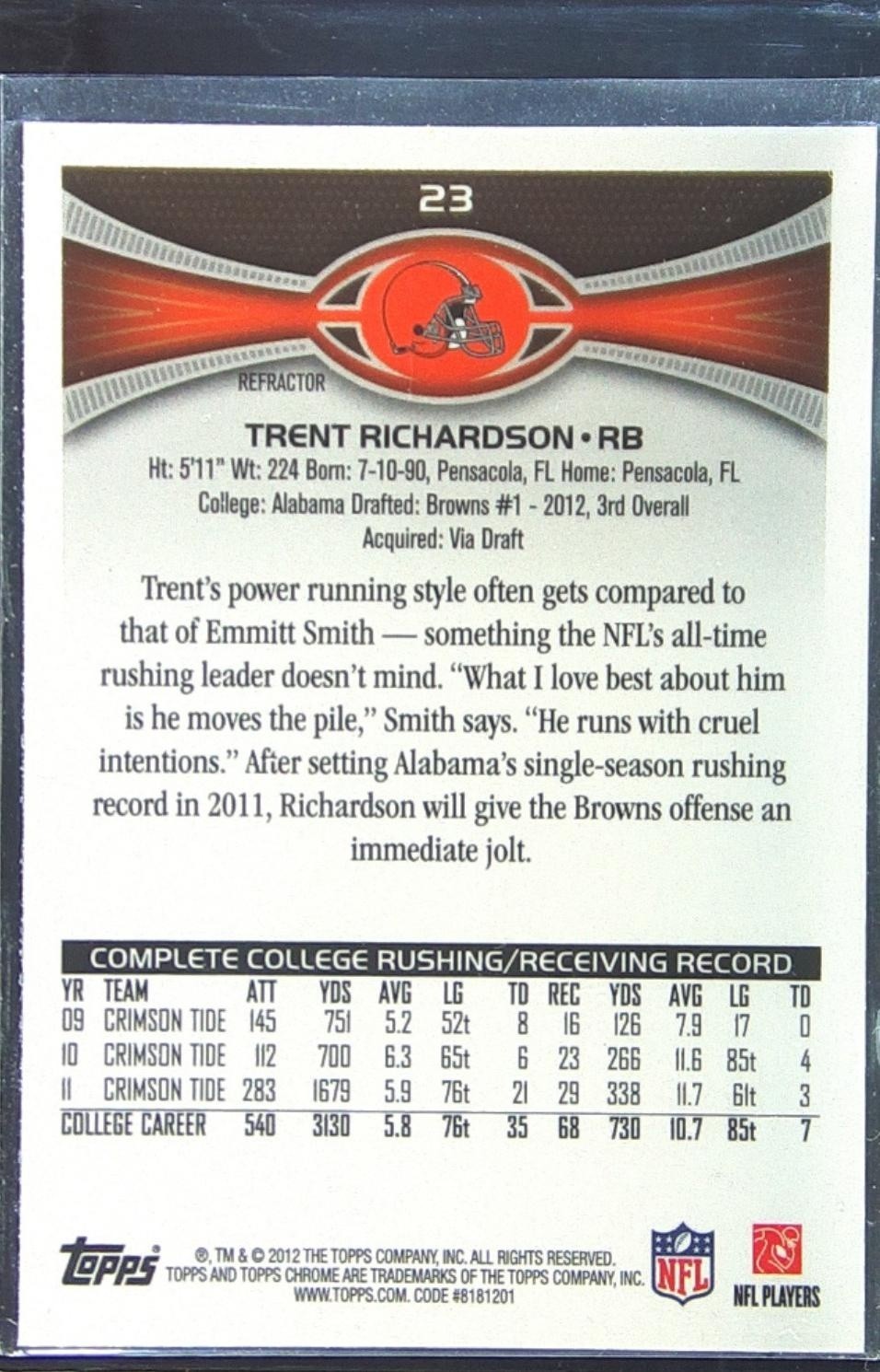2012 Topps Chrome Trent Richardson Orange Refractors RC #23 Browns - Image 3