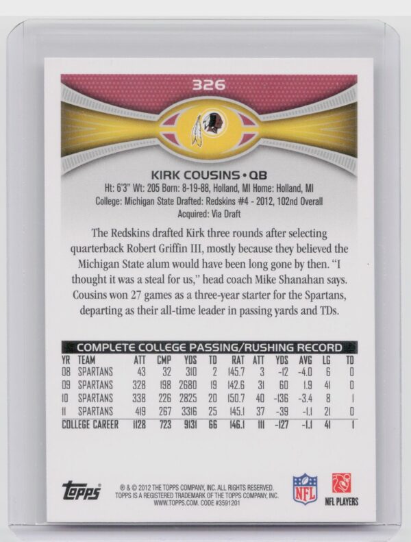 2012 Topps Kirk Cousins Rookie #146 Redskins - Image 3