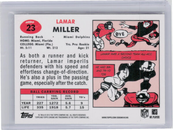 2012 Topps Lamar Miller #23 Dolphins 1957 Green - Image 3