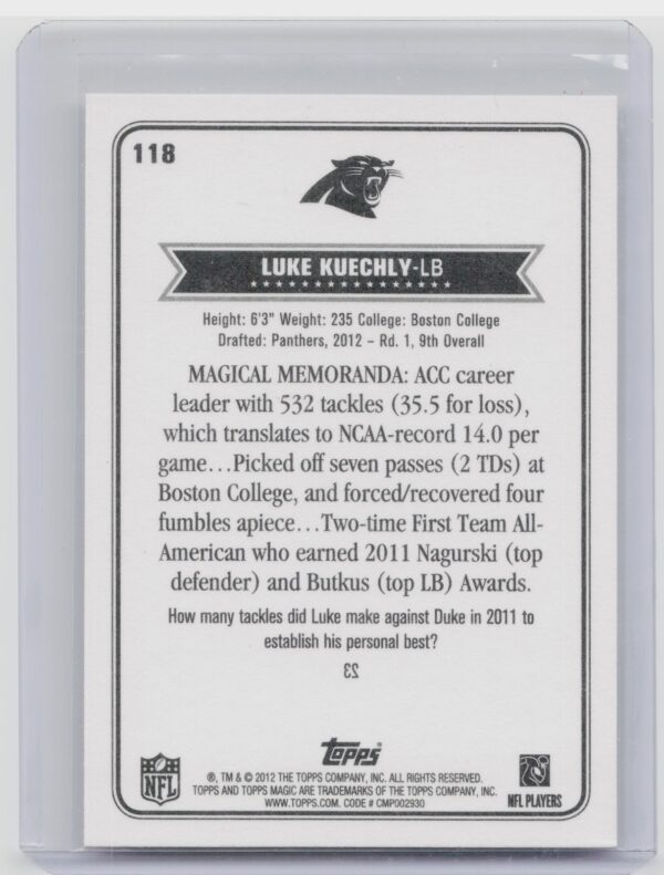 2012 Topps Magic Luke Kuechly rookie 118 Panthers - Image 3