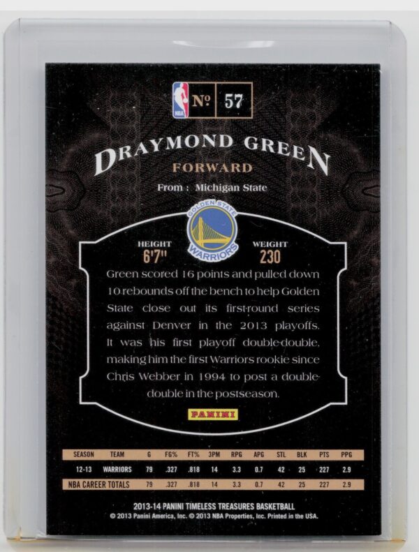 2013-14 Panini Timeless Treasures Draymond Green SN299 #57 Warriors - Image 3