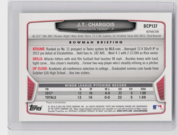 2013 Bowman Chrome J.T. Chargois #BCP137 Twins Prospects Green Refractors - Image 3