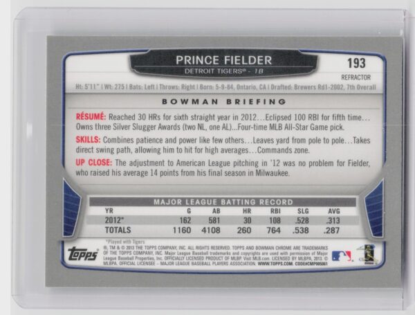 2013 Bowman Chrome Prince Fielder X Fractors #193 Tigers - Image 3