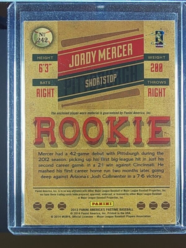 2013 Panini America's Pastime Jordy Mercer /125 RC JSY #242 Pirates - Image 3
