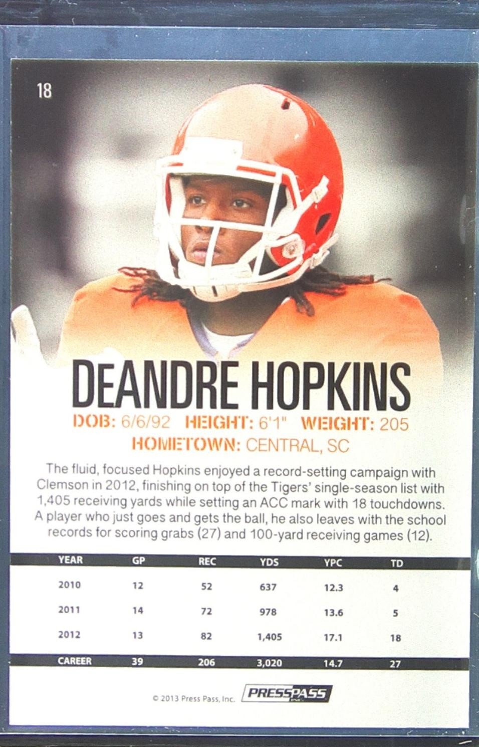 2013 Press Pass DeAndre Hopkins RC #18 Tigers - Image 3