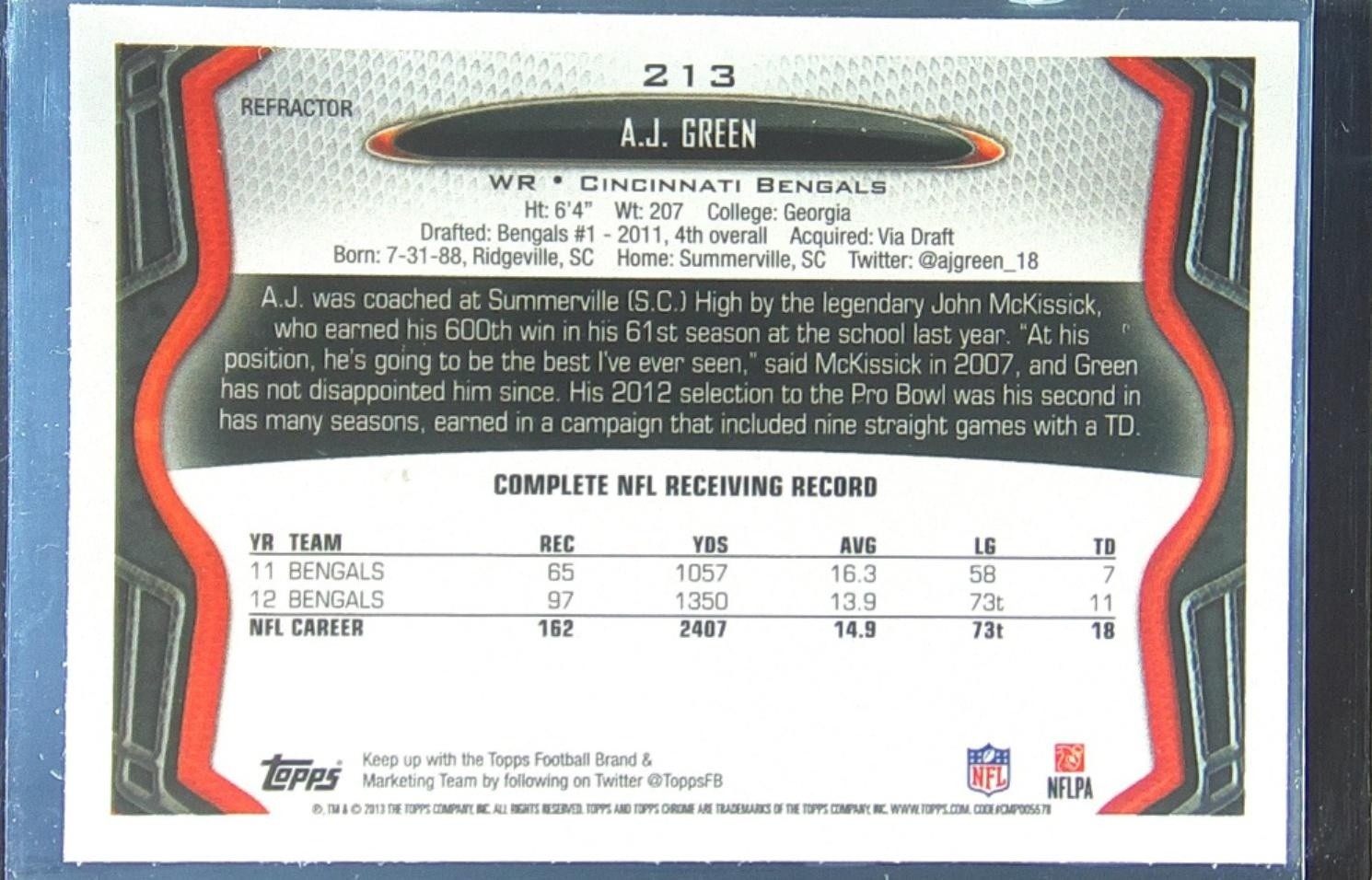 2013 Topps Chrome A.J. Green Refractors #213 Bengals - Image 3