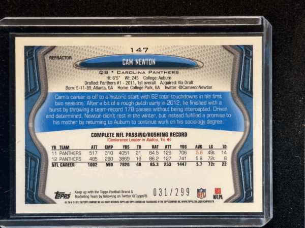 2013 Topps Chrome Cam Newton Black Refractor /299 Panthers #147 - Image 3