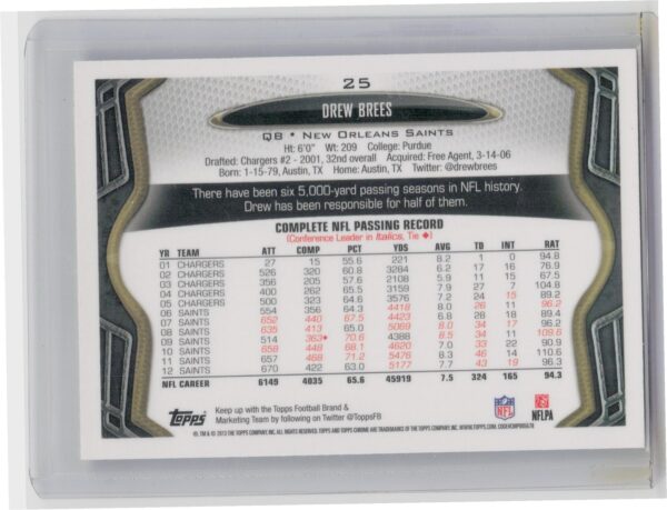 2013 Topps Chrome Drew Brees #25a Saints - Image 3